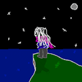 looking out onto the ocean from a cliff, on a stary night.